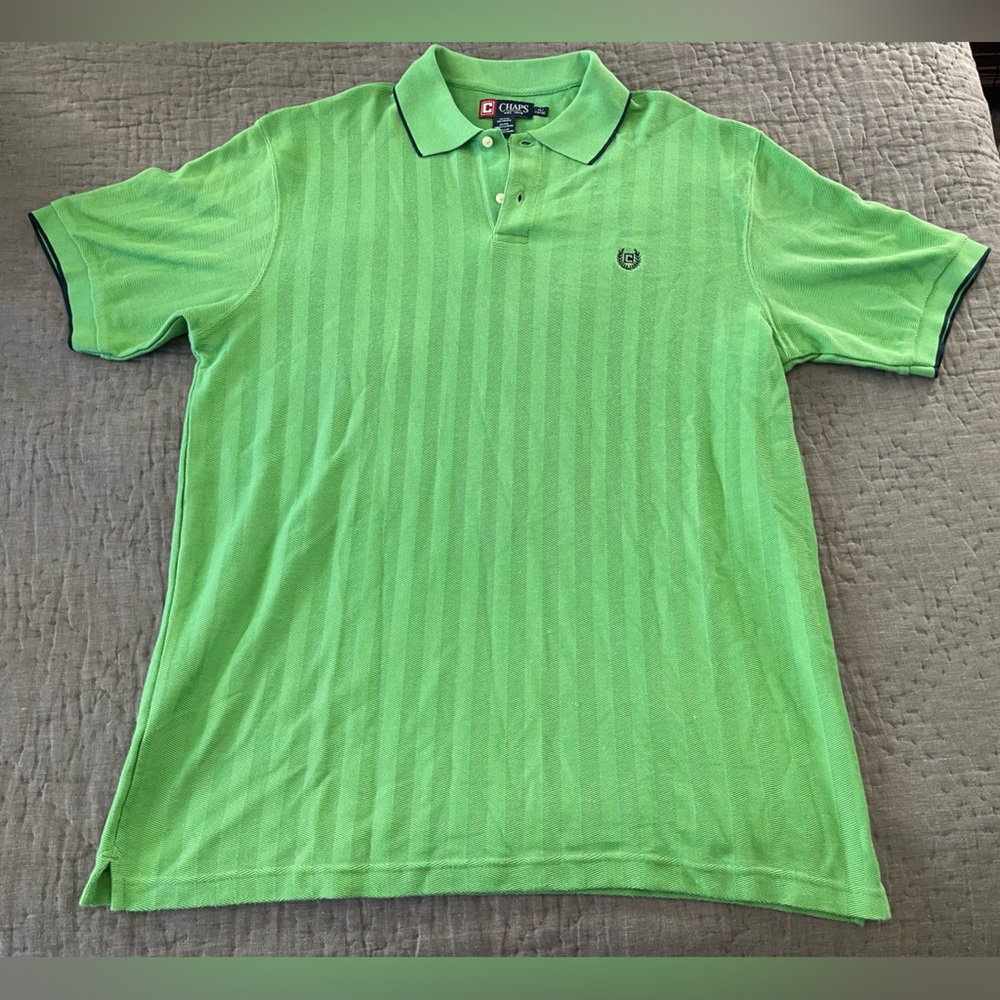 Vintage Chaps Bright Green Men's Polo Shirt Logo XL 100% Cotton Herringbone Knit
